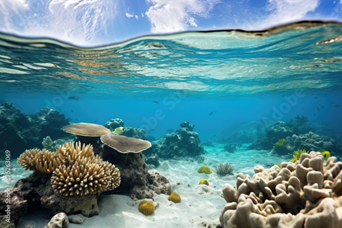 Split underwater view of tropical sea bottom and sky background © Jasmina