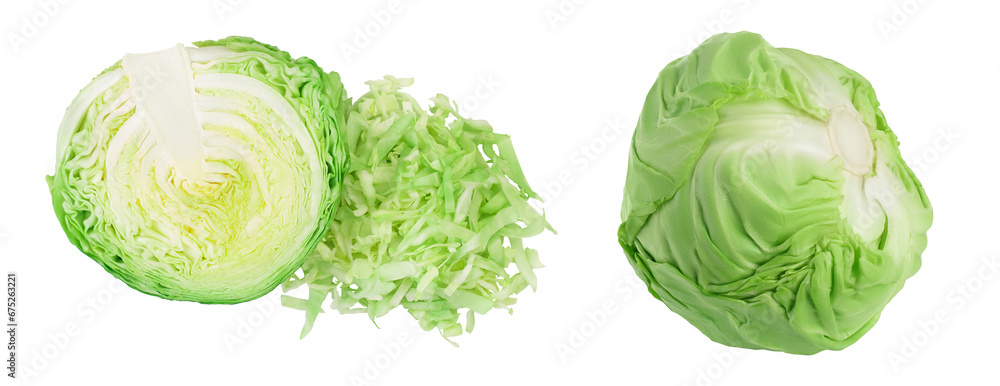 Green cabbage half isolated on white background with full depth of field. Top view. Flat lay. - obrazy, fototapety, plakaty 