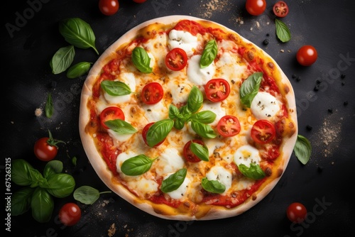 Homemade pizza with tomato cheese and basil on black stone background.