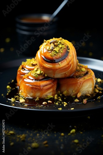 rolls with honey and pistachio on a plate, burned/charred, danish design, carnivalcore photo