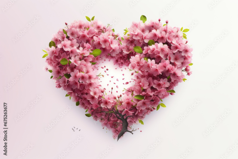 A heart of flowers on white background. Greeting card for Valentine's day or wedding. Symbol of love.