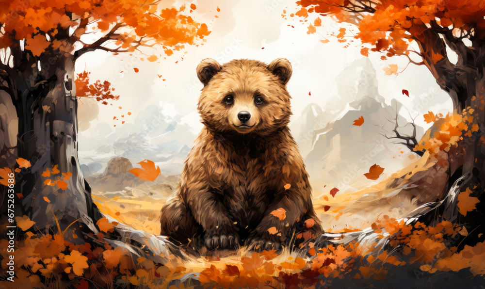Whimsical Art of Cute Bear in Autumn Setting, Perfect for Children's Books - obrazy, fototapety, plakaty 