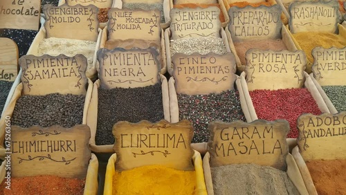 Varied spices and tea for sale. Girella fair. Pont de Suert, Catalonia, Spain. Near Pyrenees. photo