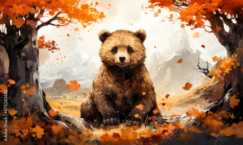 Whimsical Art of Cute Bear in Autumn Setting, Perfect for Children's Books photo