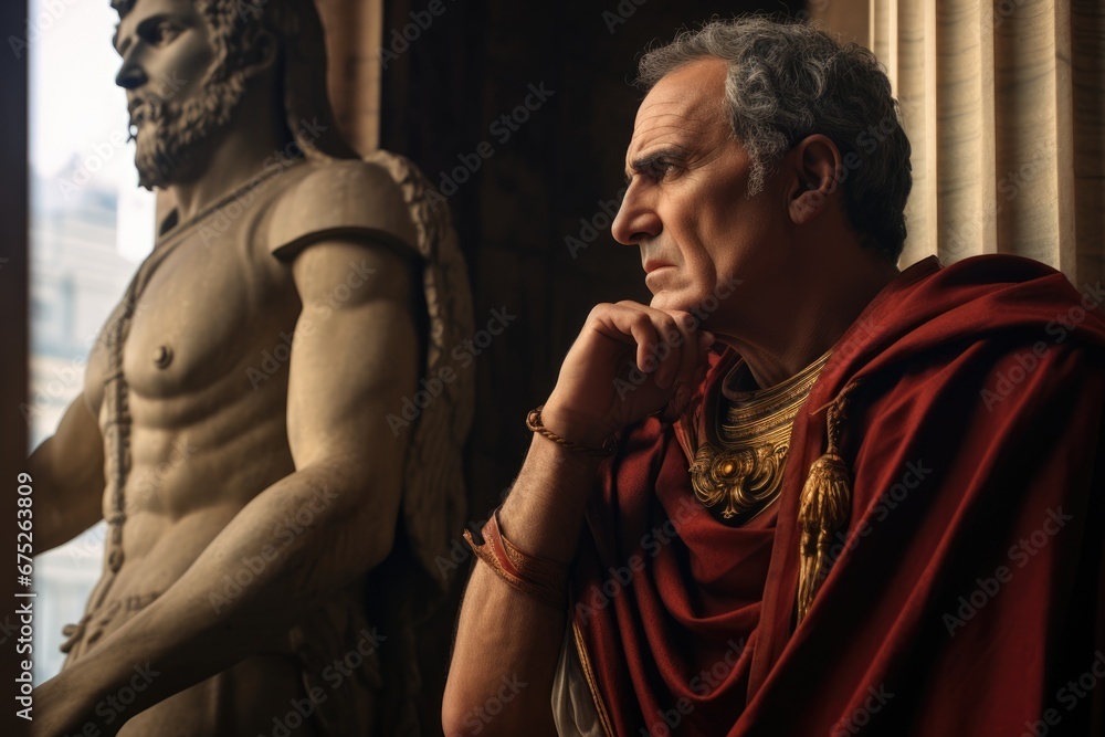 Rome's Splendor Through Imperial Eyes: The Emperor Beholds the Majestic City. Julius Caesar's Contemplation: Julius Caesar Gazing Upon the Magnificence of Ancient Rome - Ai Generative