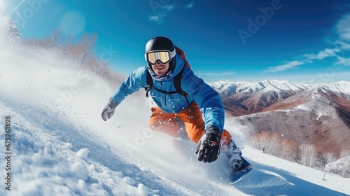 male snowboarder in goggles and helmet riding a snowboard on a snowy slope in the mountains, winter sport, athlete, lifestyle, vacation, man, speed