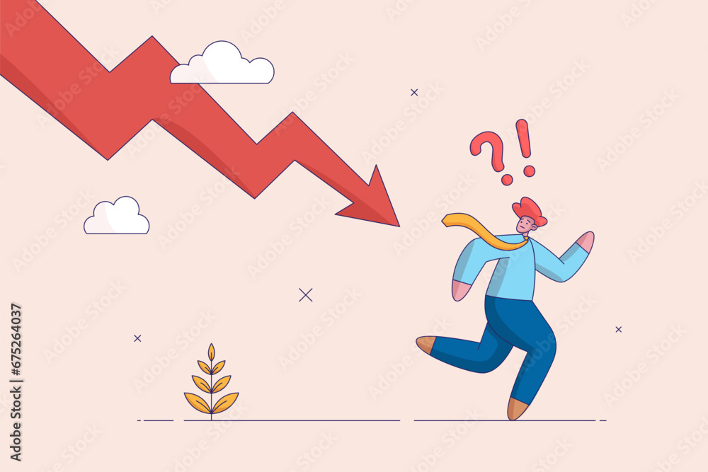 Investing risk or depression concept. Business failure, crisis or crash. Failed businessman run away from falling down arrow chart. Economic recession or investment loss or stock market falling down. Investing risk or depression concept. Business failure, crisis or crash. Failed businessman run away from falling down arrow chart. Economic recession or investment loss or stock market falling down.