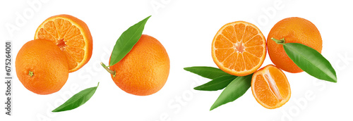 Tangerine or clementine with green leaf isolated on white background with full depth of field. Top view. Flat lay