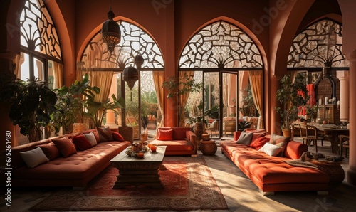 Luxurious Moroccan style home with large windows and modern décor photo