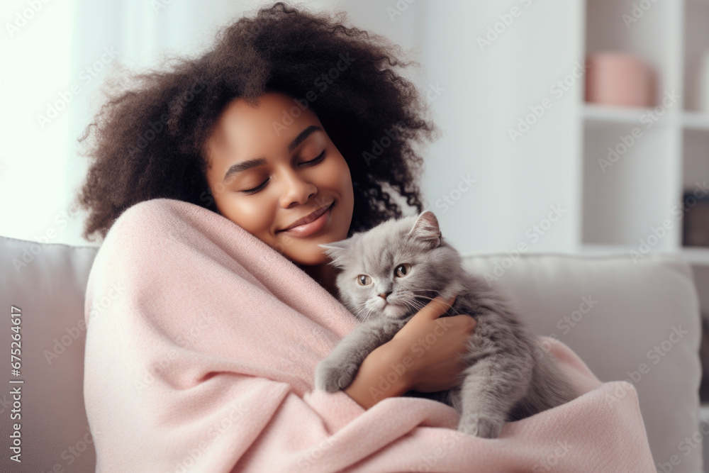 Portrait of cute young African American woman holding her adorable fluffy cat at home
