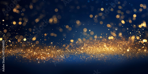 Golden abstract bokeh on blue background. Celebrating Christmas, New Year or other holidays.