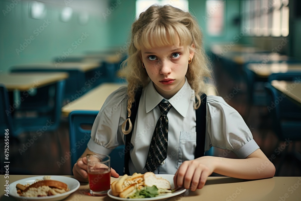 portrait of a school girl eating in the canteen