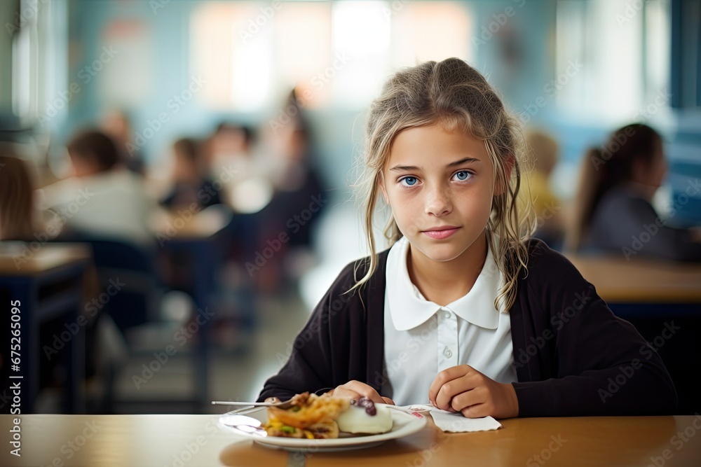 portrait of a school girl eating in the canteen portrait of a school girl eating in the canteen