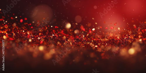 Golden abstract bokeh on red background. Celebrating Christmas, New Year or other holidays.