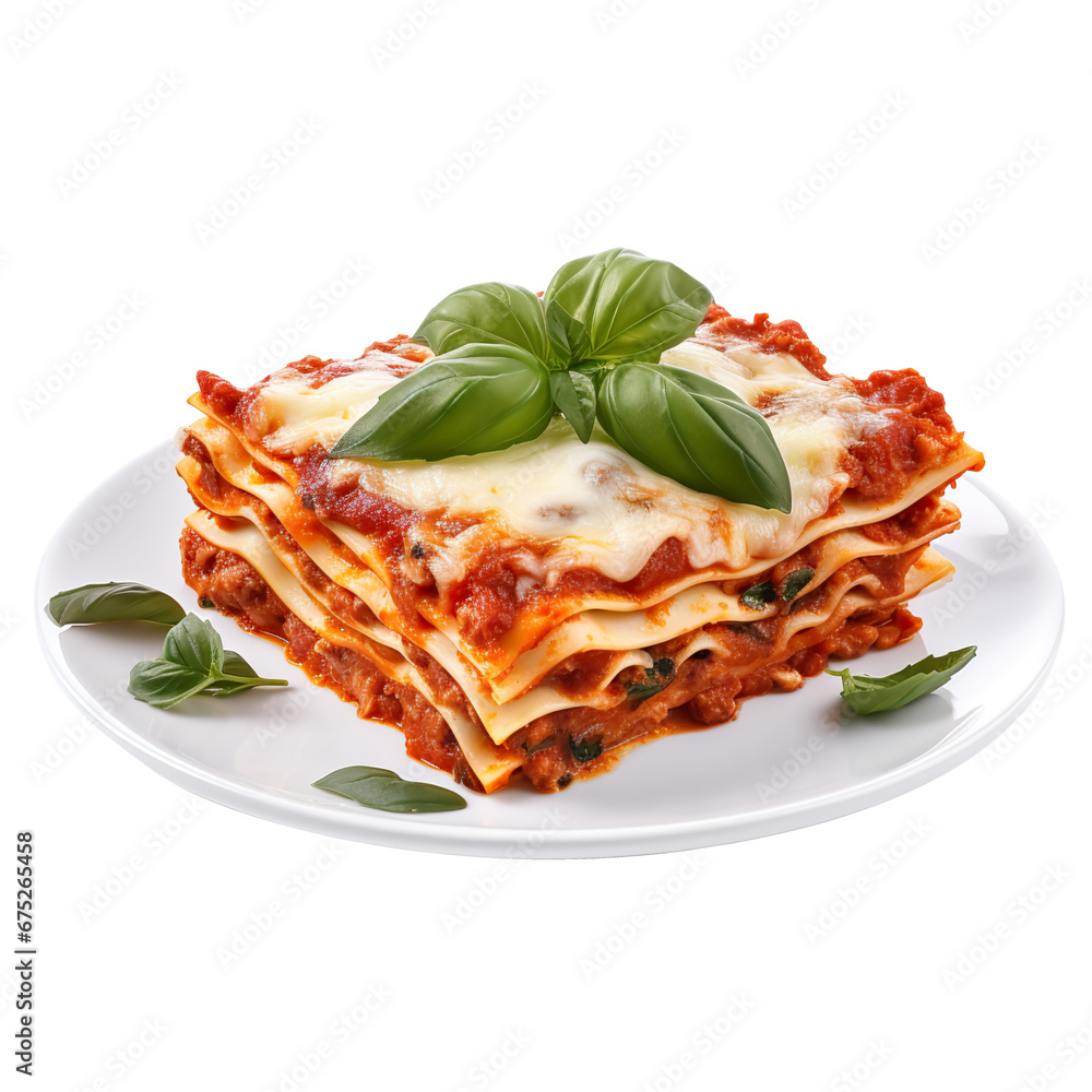 Tasty hot Lasagna served with a basil leaf
