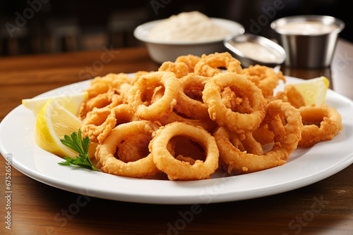 Calamares fritos. Anillas de calamar fritas en plato en un restaurante. photo