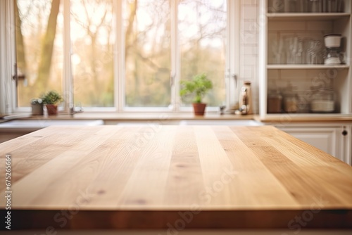 Empty wooden table in kitchen, blurred background with window. Generative AI photo