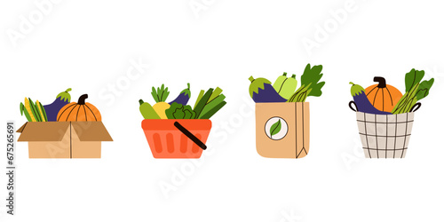 Vegetables. Grocery products in eco package, box and bag, trolley and basket. Modern shopper with fresh organic healthy vegetarian food. Local market. Autumn harvest cartoon flat vector illustration