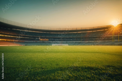 The lawn at the football stadium. Football stadium with sunset. Grass close-up in the sports arena - background