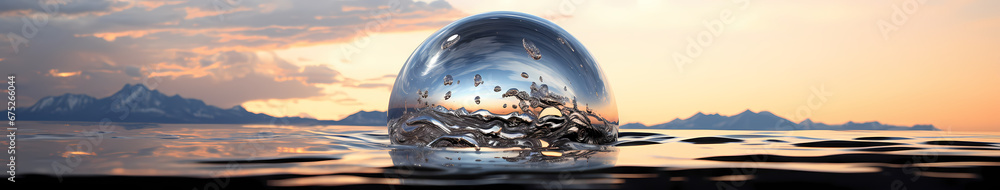 A liquid metal orb suspended in mid-air, its surface reflecting a distorted world around it - obrazy, fototapety, plakaty 