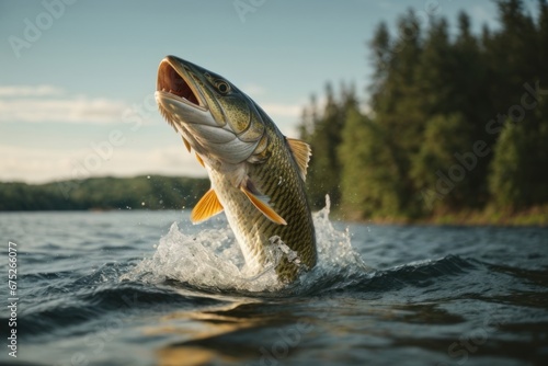 Freshwater pike jumps out splashing in a lake or pond. Fishing concept. The fishing trophy is a large freshwater fish in the water. Background with selective focus