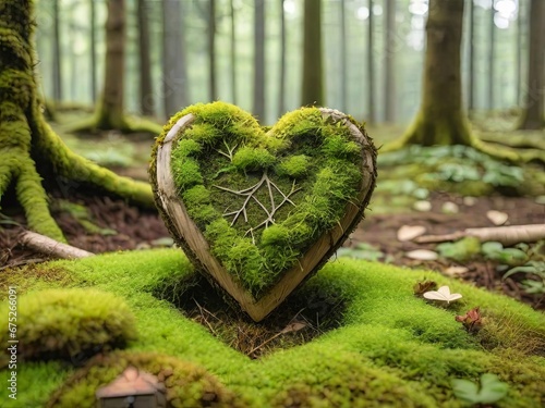 Cemetery of forest excavations, - close-up of a wooden heart on moss. the concept of love