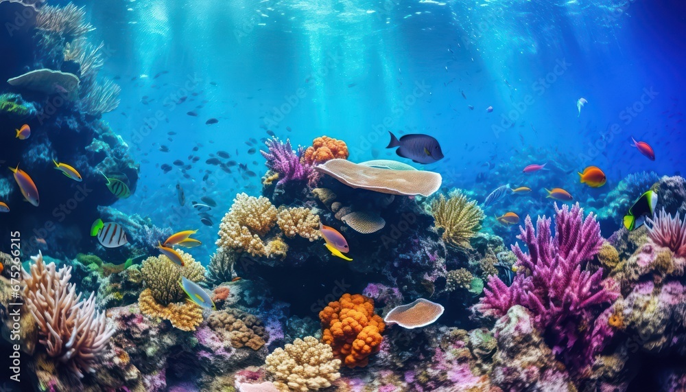 Obraz premium Vibrant Coral Reef Life, Tropical Underwater Fishes in an Aquarium Oceanarium Panorama for Snorkel and Diving Enthusiasts