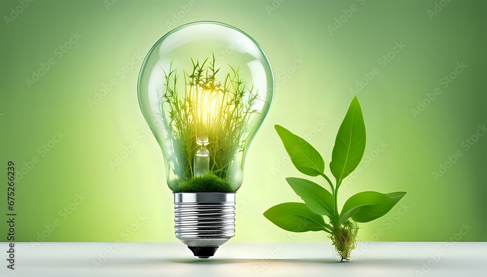 A light bulb with plants and leaves, symbolizing eco-friendliness and sustainability concept. Green innovative idea. Eco energy lightbulb symbol. Renewable clean energy.