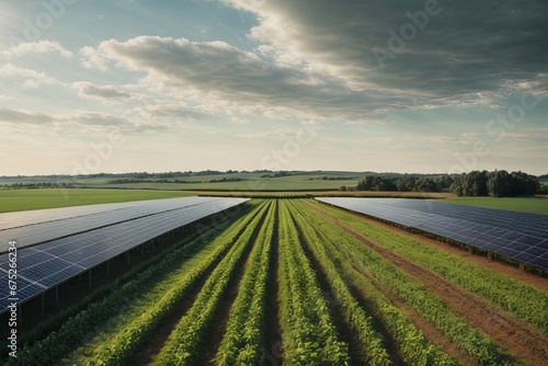 Farmland enhanced with agrivoltaics, where solar panels are intelligently integrated to provide both renewable energy generation and shade for crops.