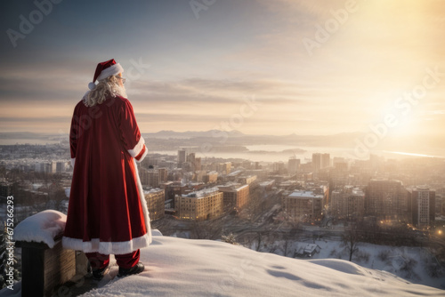 Santa Claus is looking at the city. the concept of Christmas and new year © Roman