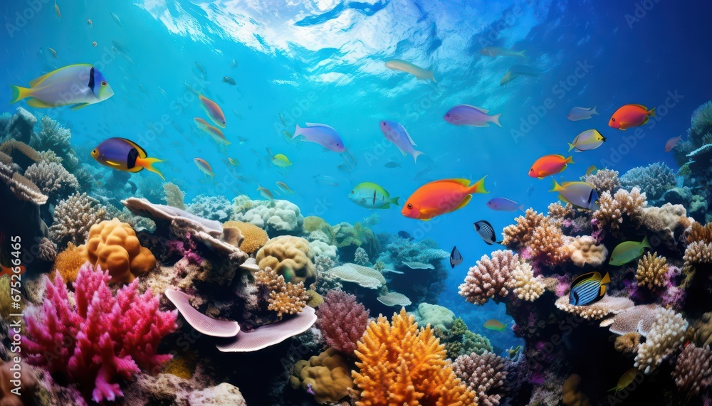 Vibrant Coral Reef Life, Tropical Underwater Fishes in an Aquarium Oceanarium Panorama for Snorkel and Diving Enthusiasts
