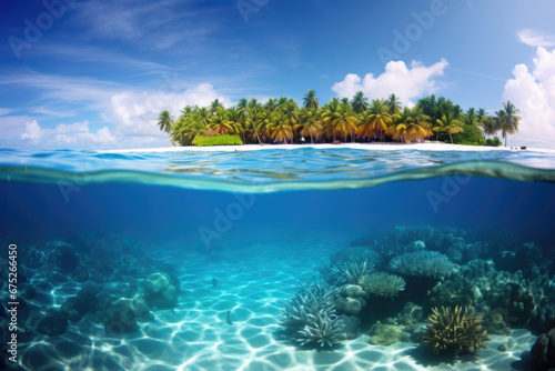 Split underwater view of tropical sea bottom and sky background