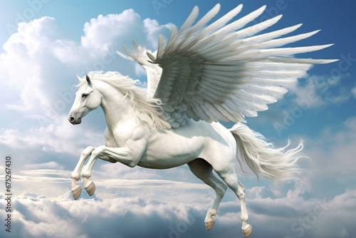A beautiful  powerful pegasus gracefully soaring through the sky. Generative AI