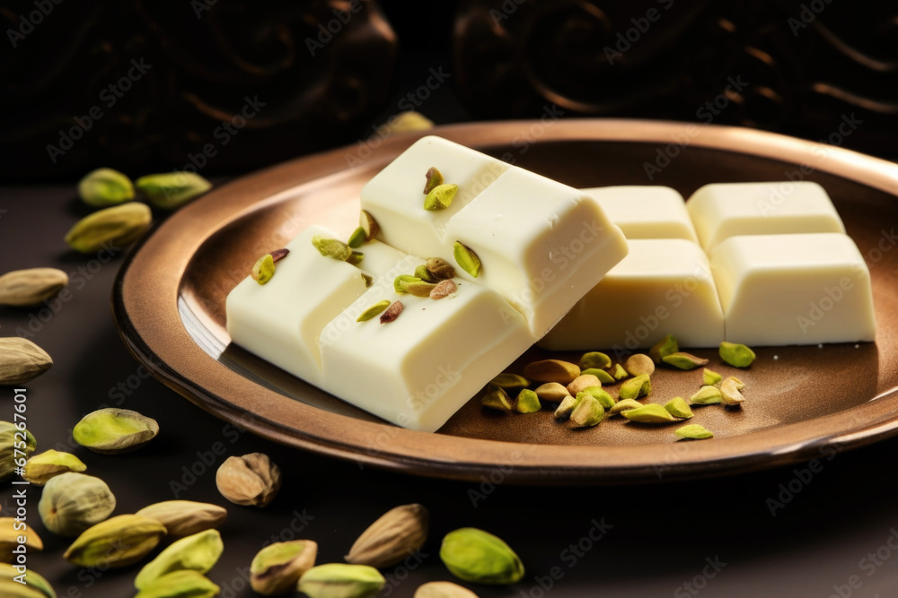 Luxury, fine white chocolate with pistachio on a plate close up Luxury, fine white chocolate with pistachio on a plate close up