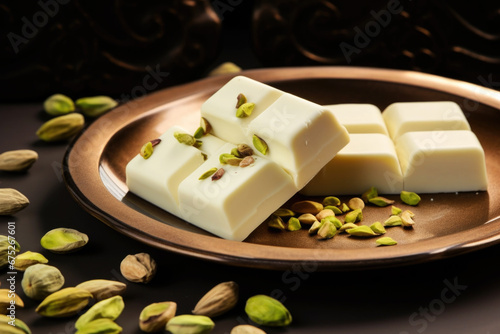 Luxury, fine white chocolate with pistachio on a plate close up