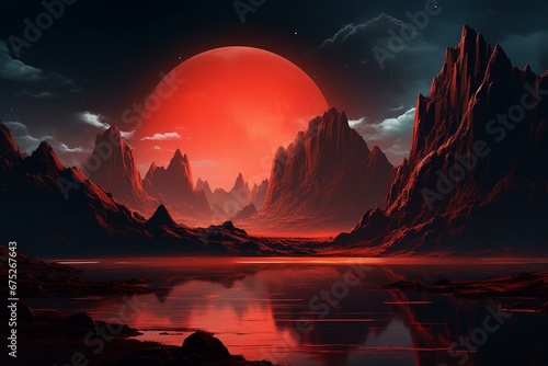 Vibrant futuristic landscape with glowing red mountains. Generative AI