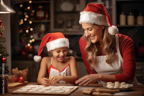 madre e hija disfrazadas de papá noel haciendo galletas navideñas en la cocina de su casa con fondo de decoración navideña desenfocado photo