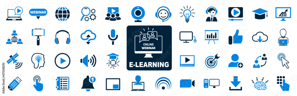 Online education icon set, e-learning icons, distance online schooling signs, elearning, digital e-education, chat, audio course, educational website, podcast, video tuition – stock vector