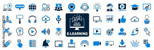 Online education icon set, e-learning icons, distance online schooling signs, elearning, digital e-education, chat, audio course, educational website, podcast, video tuition – stock vector