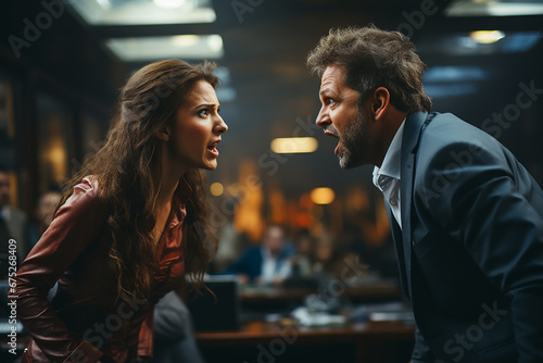 A man and a woman are fighting in the office.