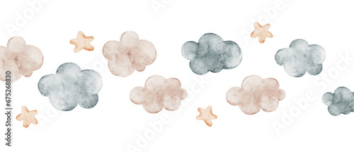 Border of watercolor clouds and stars. Perfect for prints, packaging, poster, clothes, postcards, baby shower, fabric, décor for a baby's bedroom. Hand drawn illustrations. photo