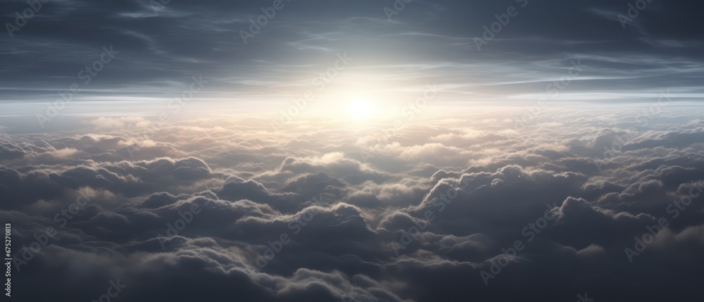 dark gray clouds with sun ray droplet , hyper epic , cloudscape realistic view from the plane scenic
