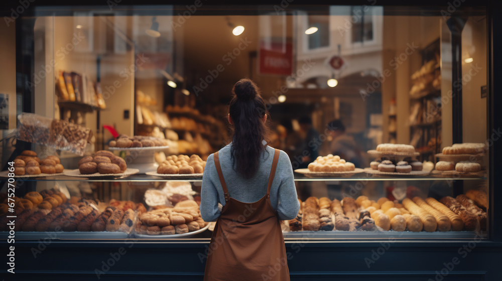 Young female pastry standing in front of her small bakery shop.