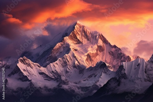 A breathtaking view of sunlit mountain peaks cast against a vibrant sunset sky. Generative AI © Raul