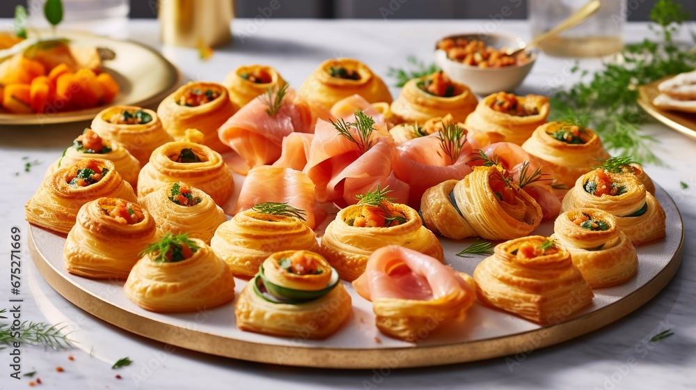 Fototapeta premium a platter of delicate puff pastry hors d'oeuvres, filled with savory ingredients like creamy cheese, smoked salmon, or roasted vegetables