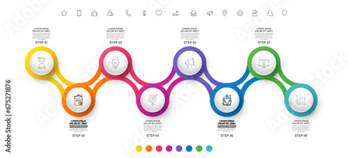 Modern vector minimalist infographic template composed of 8 circles and steps. Business design with marketing icons for eight options