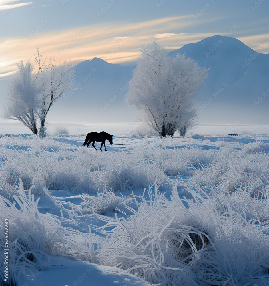Naklejka premium Serene Dawn: Horses in a Winter Wonderland
