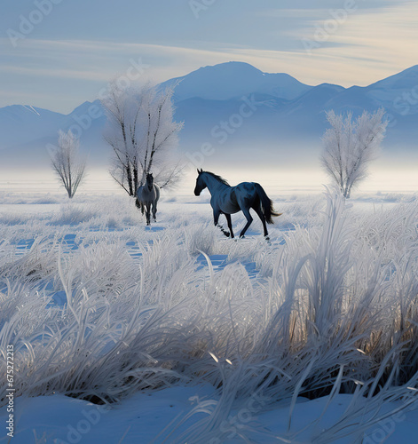 Serene Dawn: Horses in a Winter Wonderland © Moon