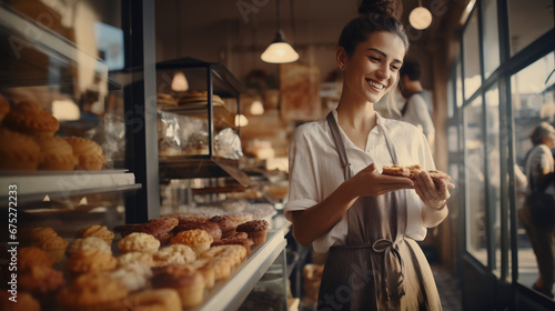 Young female pastry standing in front of her small bakery shop.