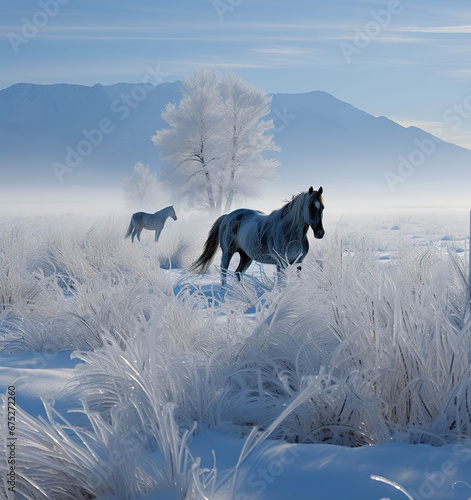 Serene Dawn: Horses in a Winter Wonderland photo